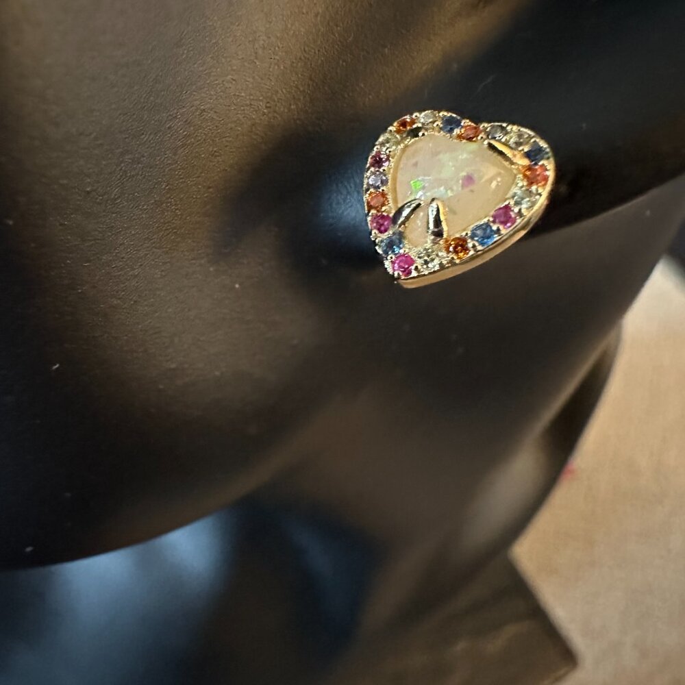 multi cz and opalescent heart stud earrings goldtone